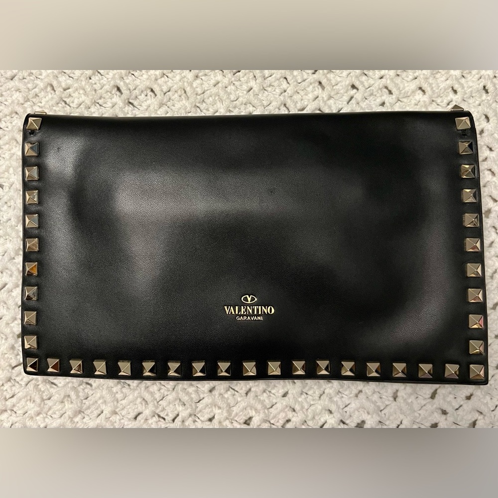 Valentino Foldover Large Rockstud Wristlet Black Leather Clutch